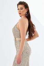 Angelino Gold Sequined Belted Long Jumpsuit