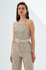 Angelino Gold Sequined Belted Long Jumpsuit