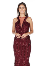 Angelino Bordeaux Striped Sequined Fish Evening Dress