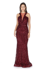 Angelino Bordeaux Striped Sequined Fish Evening Dress