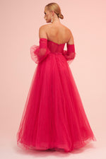 Angelino Fuchsia Tulle Low Sleeve Engagement Evening Dress