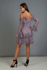 Angelino Lavender Lace Long Sleeve Short Evening Dress