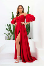 Angelino Red Satin Balloon Sleeve Slit Long Evening Dress
