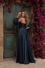Angelino Navy Blue Satin Balloon Sleeve Long Evening Dress with Slip