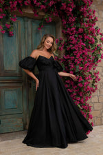 Black Satin Balloon Sleeve Slit Long Evening Dress
