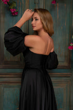 Black Satin Balloon Sleeve Slit Long Evening Dress
