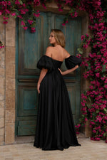 Black Satin Balloon Sleeve Slit Long Evening Dress