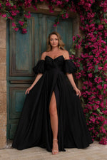 Black Satin Balloon Sleeve Slit Long Evening Dress