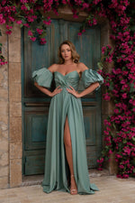 Çağla Satin Balloon Sleeve Slit Long Evening Dress
