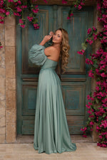 Çağla Satin Balloon Sleeve Slit Long Evening Dress
