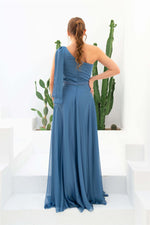 Angelino indigo chiffon one -shoulder long evening dress dress