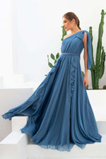 Angelino indigo chiffon one -shoulder long evening dress dress
