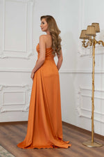 Angelino Orange Satin One -Shoulder Slit Long Evening Dress