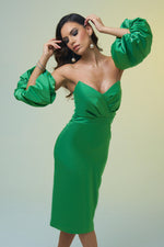 Angelino Green Satin Balloon Sleeve Short Evening Dress