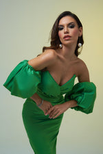 Angelino Green Satin Balloon Sleeve Short Evening Dress