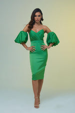 Angelino Green Satin Balloon Sleeve Short Evening Dress