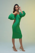 Angelino Green Satin Balloon Sleeve Short Evening Dress