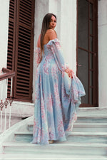 Angelino indigo impirmation low arm slits long evening dress dress