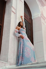 Angelino indigo impirmation low arm slits long evening dress dress