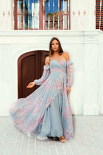 Angelino indigo impirmation low arm slits long evening dress dress