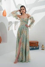 Angelino Çağla Empirme Low Sleeve Slit Long Evening Dress