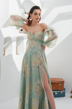 Angelino Çağla Empirme Low Sleeve Slit Long Evening Dress