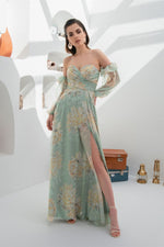 Angelino Çağla Empirme Low Sleeve Slit Long Evening Dress
