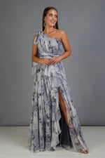 Angelino indigo impirming one arm slit long evening dress dress