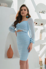 Angelino Blue Tulle Shirred Long Sleeve Midi Boya Dress Dress