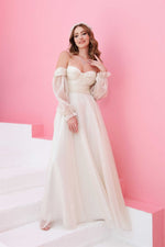 Ecru Organza Low Sleeve Wedding Evening Dress