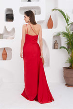 Angelino Red Satin One Shoulder Long Evening Dress