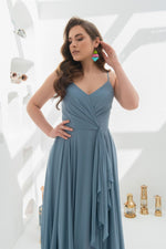 Angelino indigo chiffon strap with frilly long evening dresses