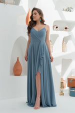 Angelino indigo chiffon strap with frilly long evening dresses