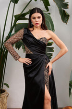 Angelino Black Satin One Shoulder Slip Long Evening Dress