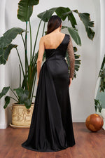 Angelino Black Satin One Shoulder Slip Long Evening Dress
