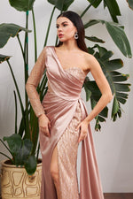 Angelino Gold Satin One Shoulder Slip Long Evening Dress