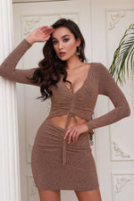 Angelino Gold Knitting front short evening dresses with low -cut