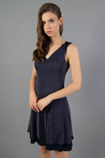 Navy Blue Skirt Pleated Silvery Short Evening Dress