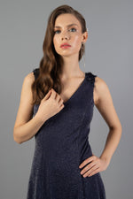 Navy Blue Skirt Pleated Silvery Short Evening Dress