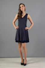 Navy Blue Skirt Pleated Silvery Short Evening Dress