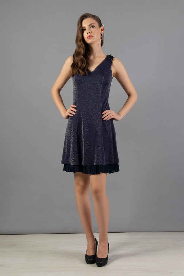Navy Blue Skirt Pleated Silvery Short Evening Dress