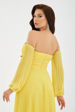 Yellow Chiffon Belt Detailed Long Evening Dress