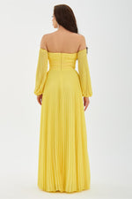 Yellow Chiffon Belt Detailed Long Evening Dress