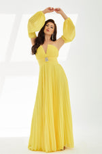 Yellow Chiffon Belt Detailed Long Evening Dress