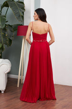 Red Chiffon Pleated Waist Beaded Long Evening Dress