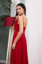 Red Chiffon Pleated Waist Beaded Long Evening Dress