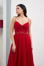 Red Chiffon Pleated Waist Beaded Long Evening Dress