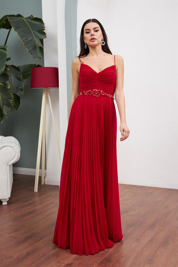 Red Chiffon Pleated Waist Beaded Long Evening Dress