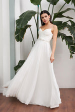 Ecru Chiffon Pleated Waist Beaded Long Wedding Dress