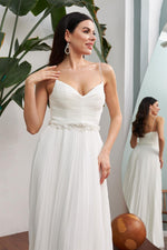 Ecru Chiffon Pleated Waist Beaded Long Wedding Dress